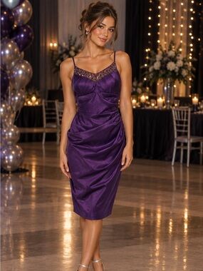 Vintage Y2K Betsy & Adam Size 8 Purple Beaded Satin Cocktail Dress Homecoming